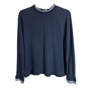 Carolina Belle Ruffle Trim Navy Modal Sweatshirt  Size M  Exposed Zipper Top